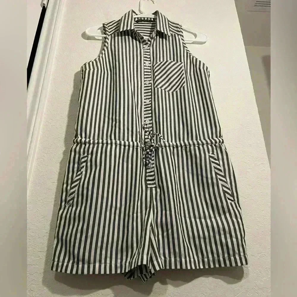Zara Woman Collared Sleeveless Blue White Striped Tie Waist Pocketed Romper Sz S